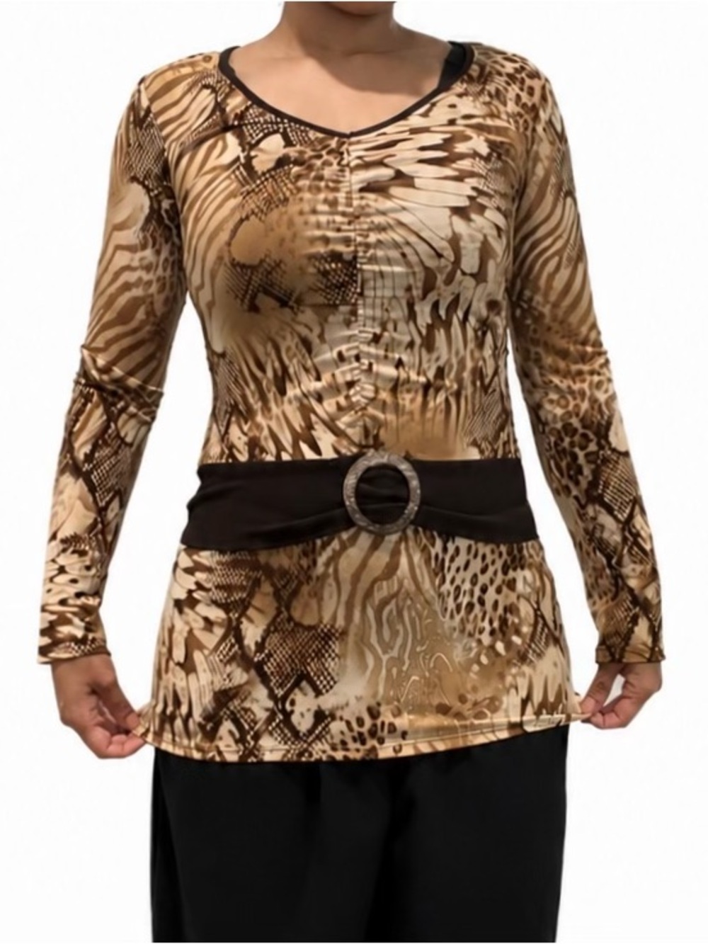 Y2K Women's Snake/Cheetah Print Long-Sleeve Top with Belt - Brown